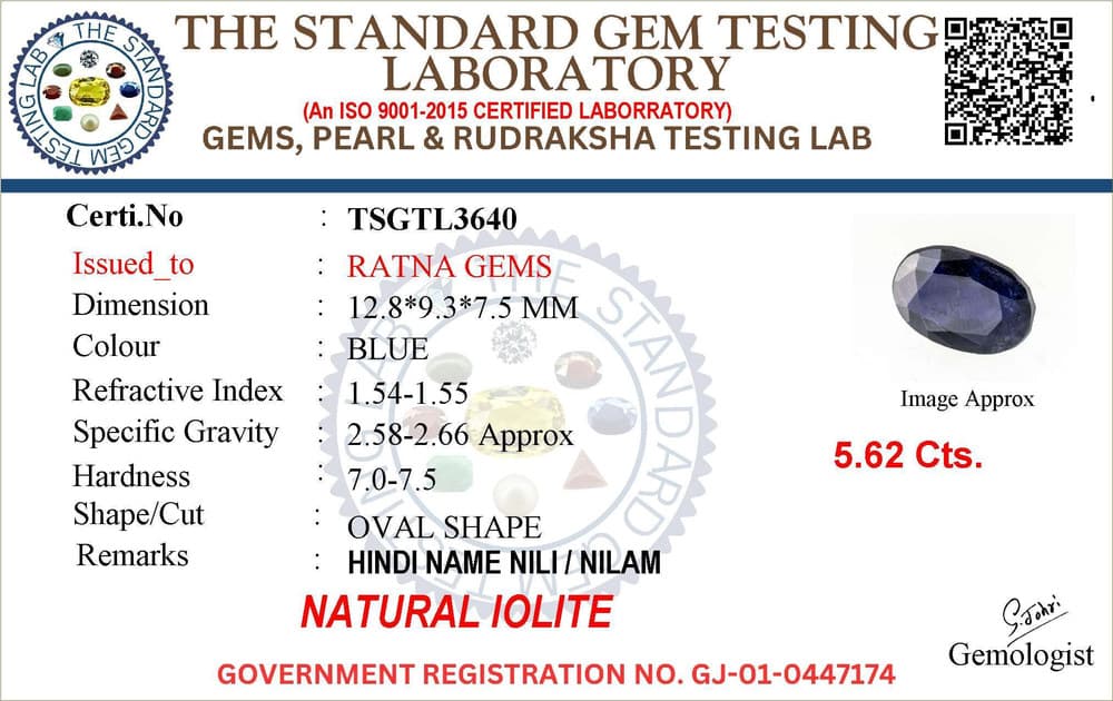 Iolite Stone (Kaka Neeli Stone) 5.62 Carat (6.18 Ratti) Oval Mix Cut - Certified Natural – certificate