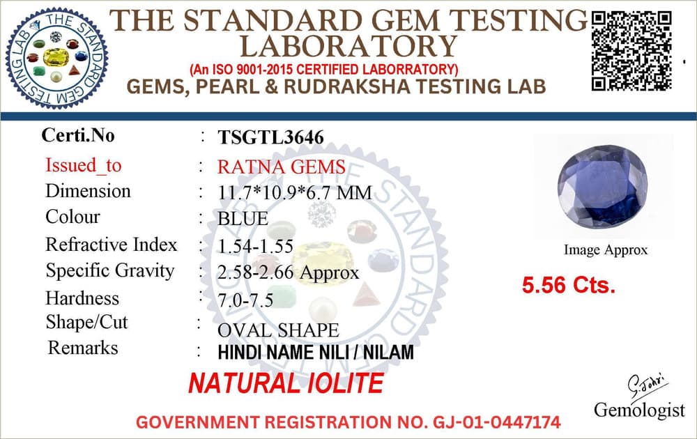 Iolite Stone (Kaka Neeli Stone) 5.56 Carat (6.11 Ratti) Oval Mix Cut - Certified Natural – certificate