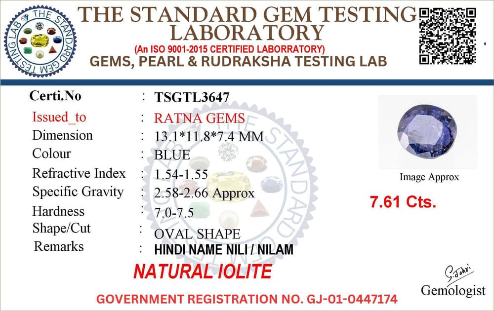 Iolite Stone (Kaka Neeli Stone) 7.61 Carat (8.36 Ratti) Oval Mix Cut - Certified Natural – certificate