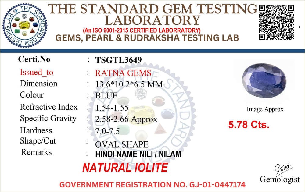 Iolite Stone (Kaka Neeli Stone) 5.78 Carat (6.35 Ratti) Oval Mix Cut - Certified Natural – certificate