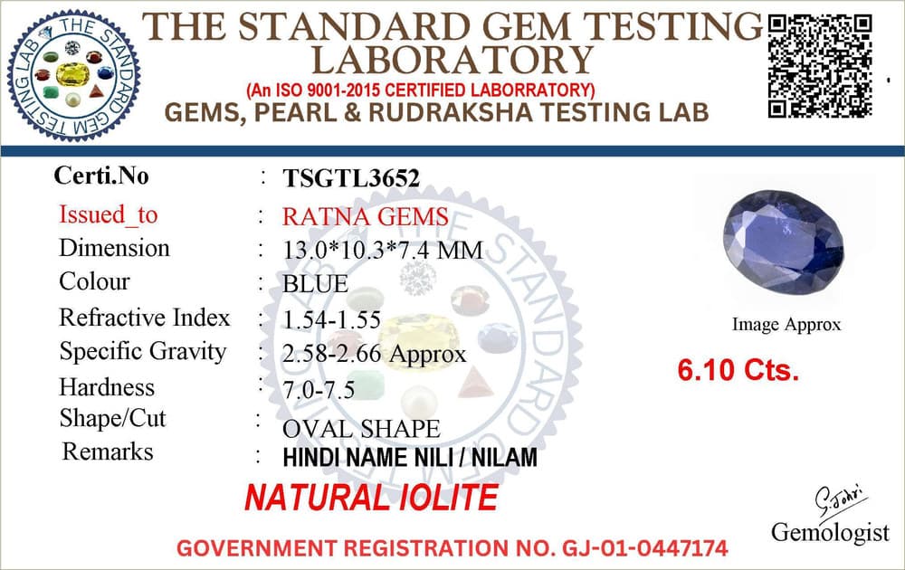Iolite Stone (Kaka Neeli Stone) 6.10 Carat (6.70 Ratti) Oval Mix Cut - Certified Natural – certificate