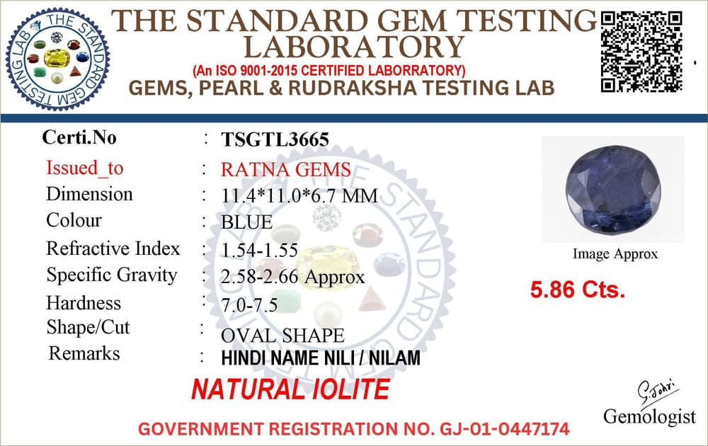 Iolite Stone (Kaka Neeli Stone) 5.86 Carat (6.44 Ratti) Oval Mix Cut - Certified Natural – certificate