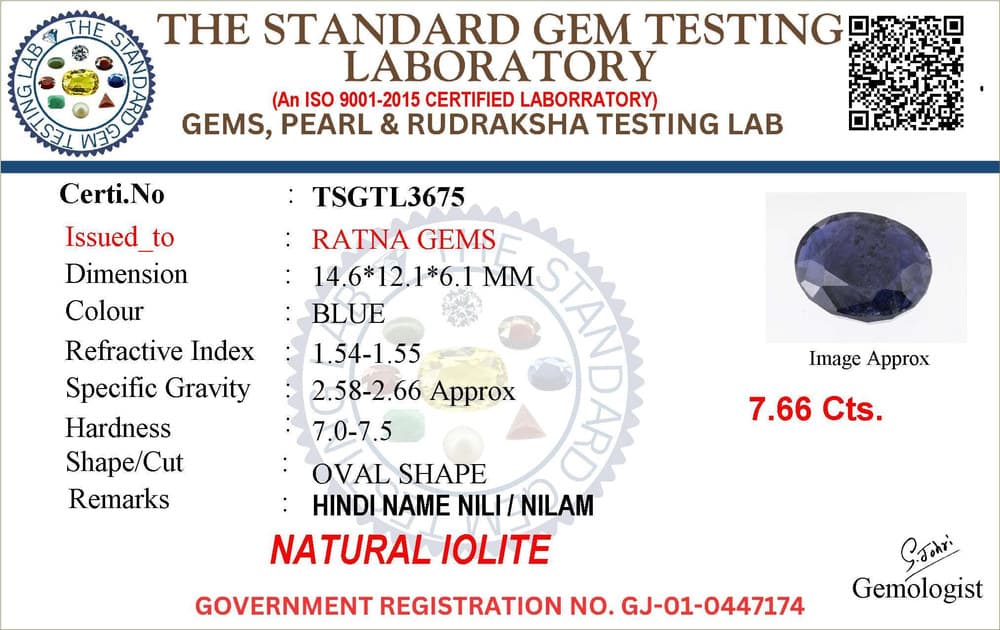 Iolite Stone (Kaka Neeli Stone) 7.66 Carat (8.42 Ratti) Oval Mix Cut - Certified Natural – certificate
