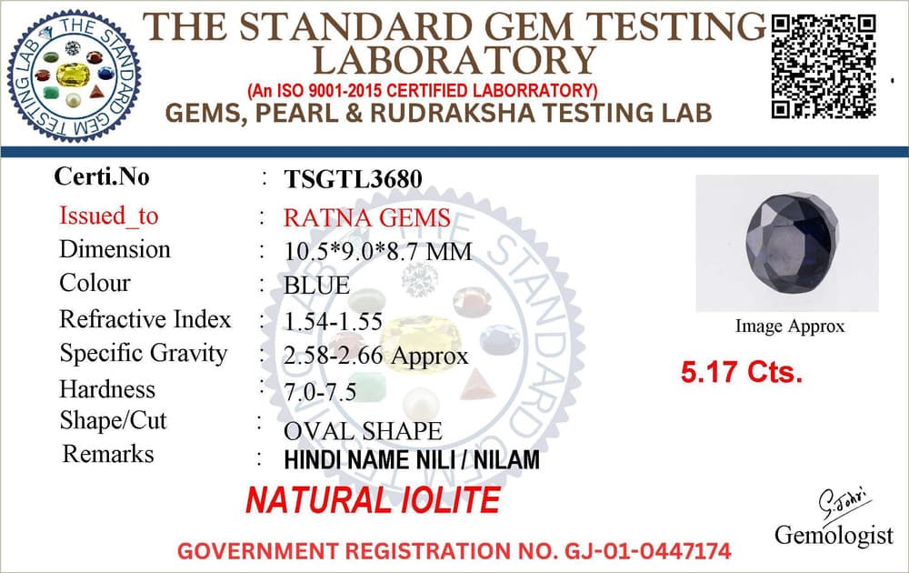 Iolite Stone (Kaka Neeli Stone) 5.17 Carat (5.68 Ratti) Oval Mix Cut - Certified Natural – certificate