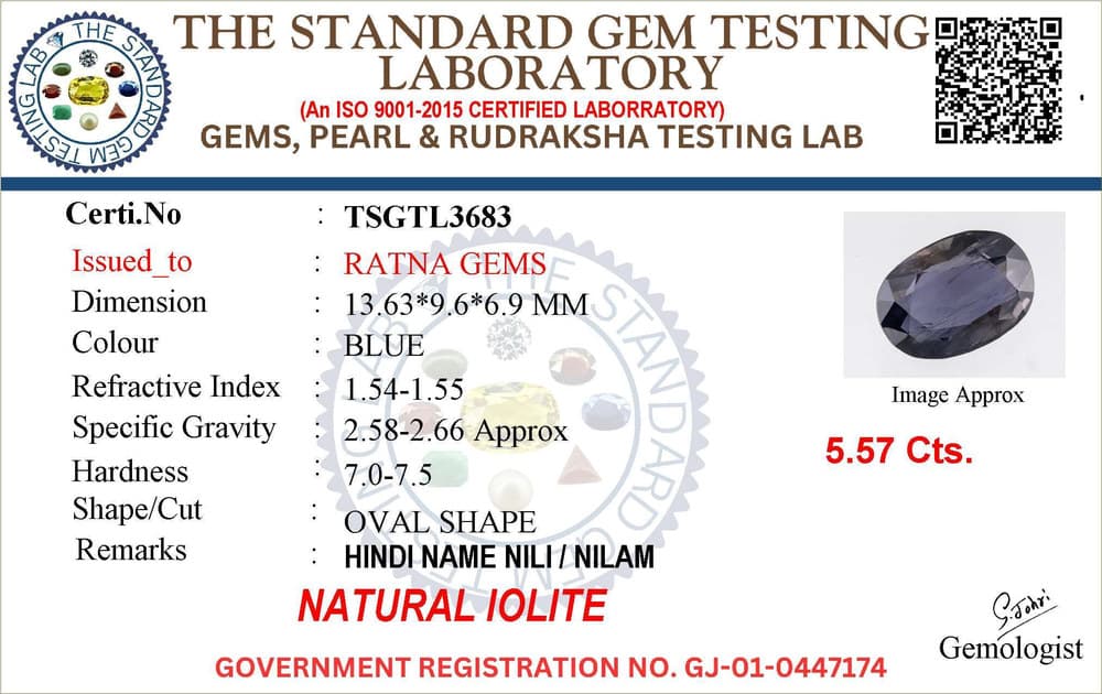Iolite Stone (Kaka Neeli Stone) 5.57 Carat (6.12 Ratti) Oval Mix Cut - Certified Natural – certificate