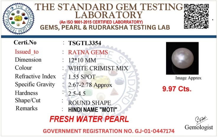 Cultured Pearl Stone (Moti Ratna) 9.97 Carat (10.96 Ratti) Round Shape – certificate