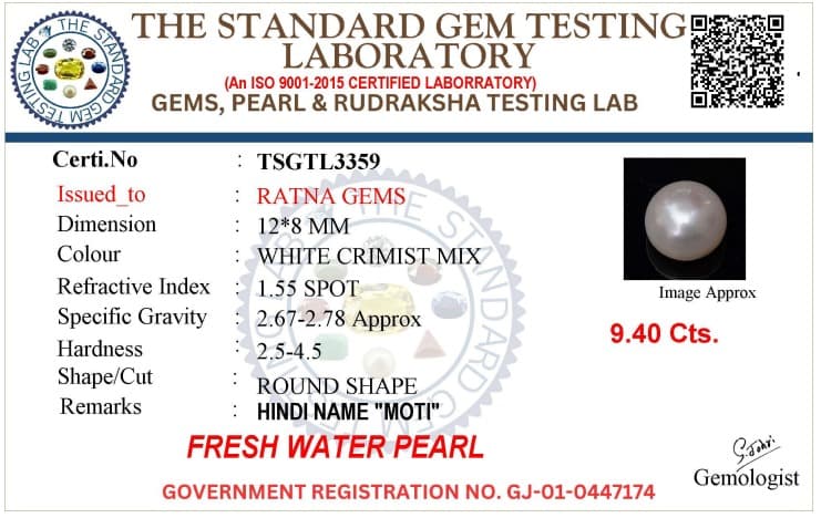 Cultured Pearl Stone (Moti Ratna) 9.40 Carat (10.33 Ratti) Round Shape – certificate