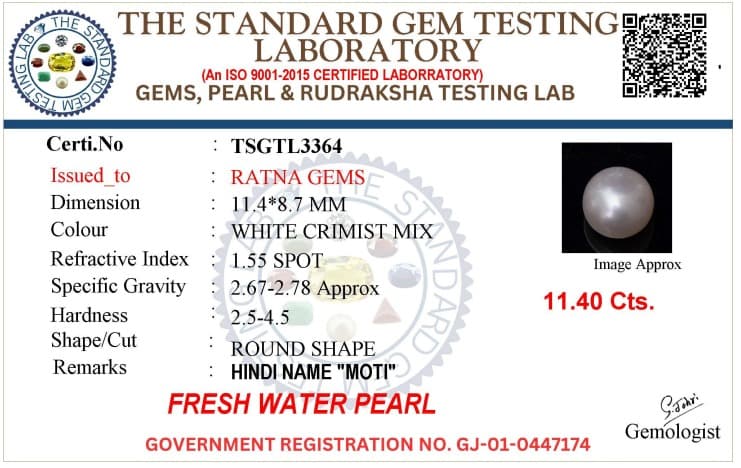 Cultured Pearl Stone (Moti Ratna) 11.40 Carat (12.53 Ratti) Round Shape – certificate