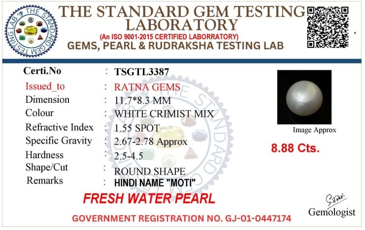 Cultured Pearl Stone (Moti Ratna) 8.88 Carat (9.76 Ratti) Round Shape – certificate