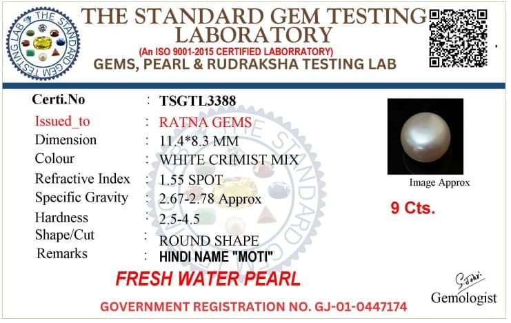 Cultured Pearl Stone (Moti Ratna) 9.00 Carat (9.89 Ratti) Round Shape – certificate