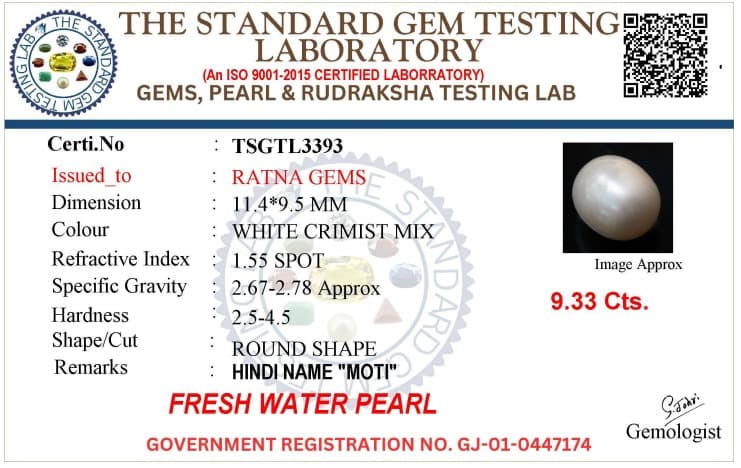 Cultured Pearl Stone (Moti Ratna) 9.33 Carat (10.25 Ratti) Round Shape – certificate