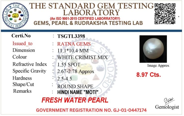 Cultured Pearl Stone (Moti Ratna) 8.97 Carat (9.86 Ratti) Round Shape – certificate