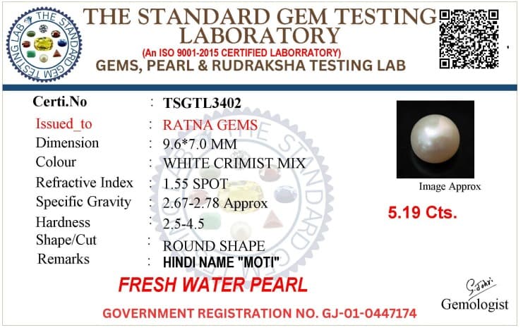 Cultured Pearl Stone (Moti Ratna) 5.19 Carat (5.70 Ratti) Round Shape – certificate