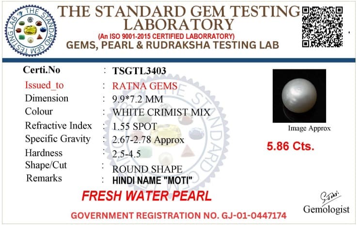 Cultured Pearl Stone (Moti Ratna) 5.86 Carat (6.44 Ratti) Round Shape – certificate