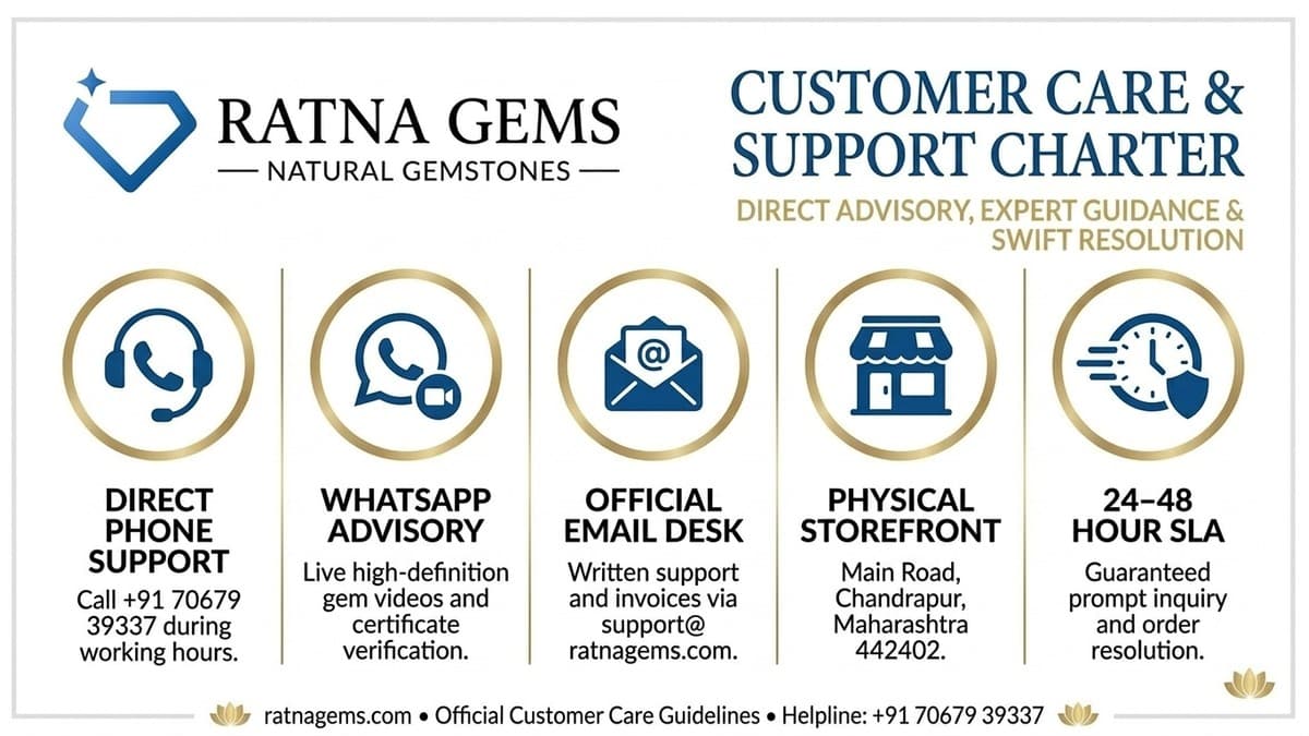 Ratna Gems Customer Care & Support Charter — Direct Phone Support, WhatsApp Advisory, Official Email Desk, Physical Storefront, and 24–48h SLA