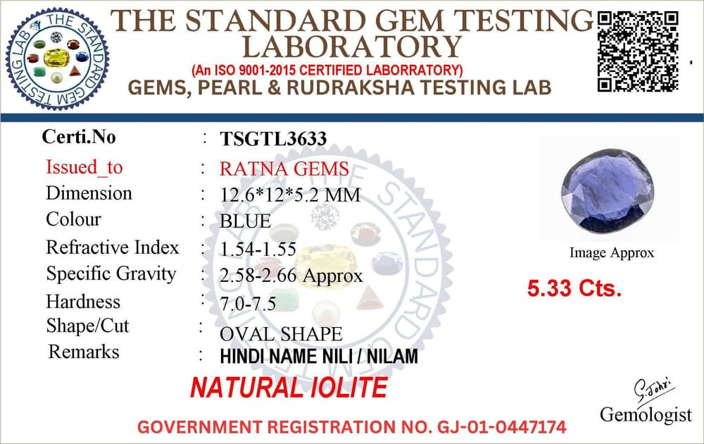 Iolite Stone (Kaka Neeli Stone) 5.33 Carat (5.86 Ratti) Oval Mix Cut - Certified Natural – certificate