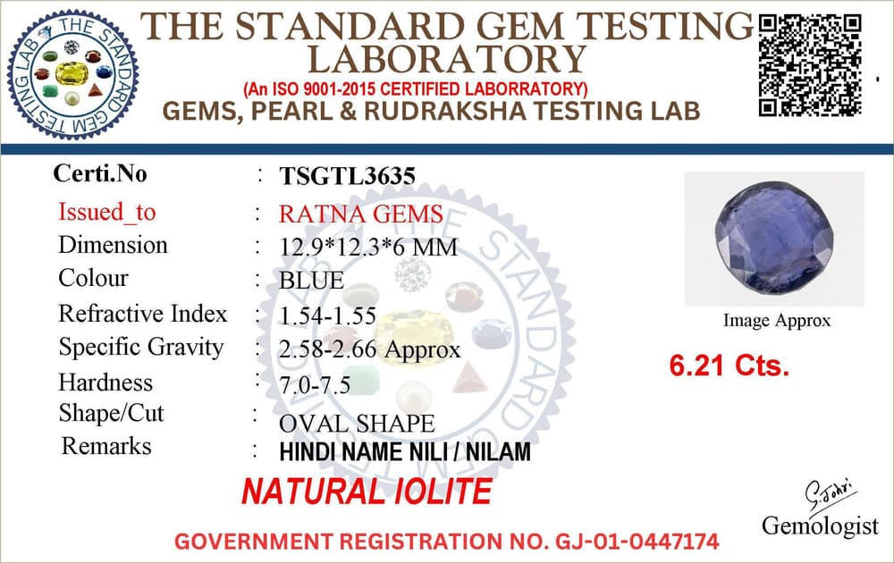Iolite Stone (Kaka Neeli Stone) 6.21 Carat (6.82 Ratti) Oval Mix Cut - Certified Natural – certificate