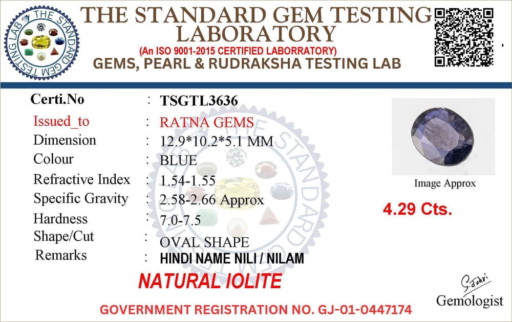 Iolite Stone (Kaka Neeli Stone) 4.29 Carat (4.71 Ratti) Oval Mix Cut - Certified Natural – certificate