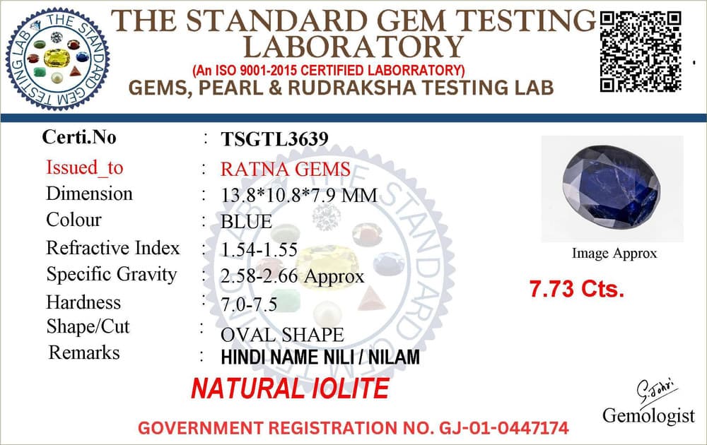 Iolite Stone (Kaka Neeli Stone) 7.73 Carat (8.49 Ratti) Oval Mix Cut - Certified Natural – certificate