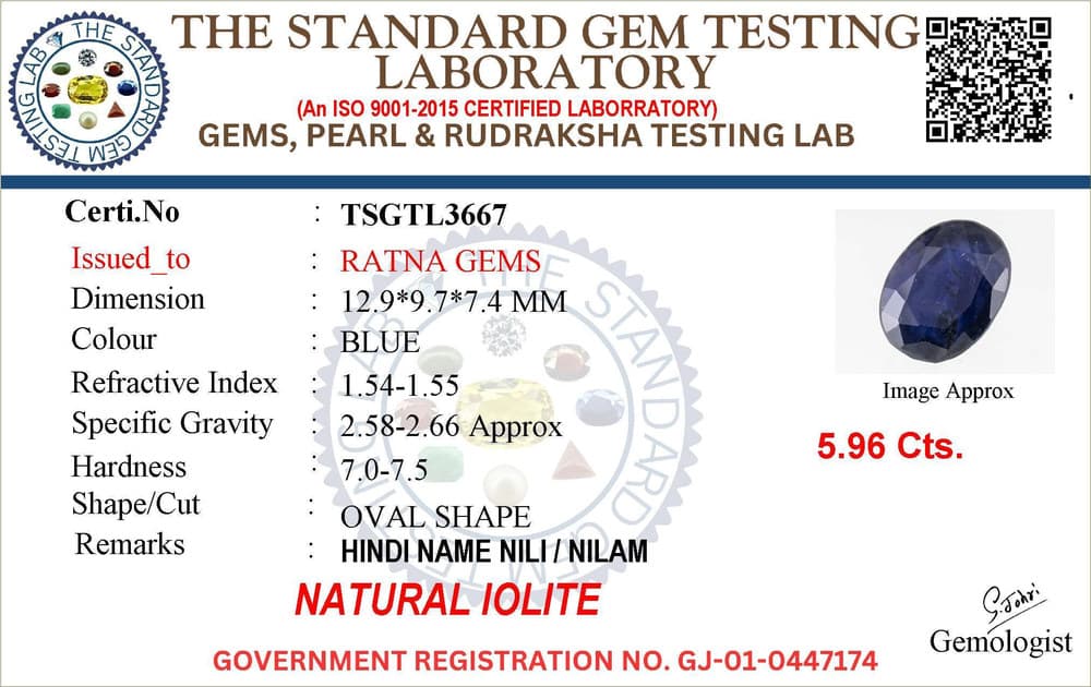 Iolite Stone (Kaka Neeli Stone) 5.96 Carat (6.55 Ratti) Oval Mix Cut - Certified Natural – certificate
