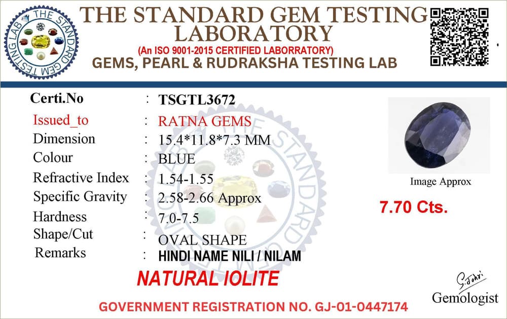Iolite Stone (Kaka Neeli Stone) 7.70 Carat (8.46 Ratti) Oval Mix Cut - Certified Natural – certificate