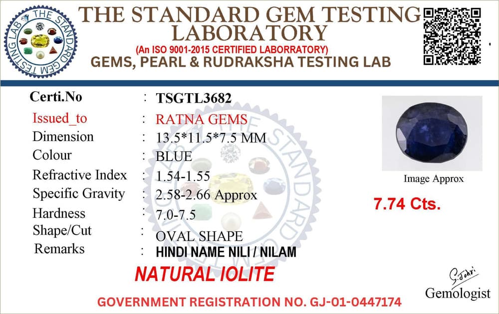 Iolite Stone (Kaka Neeli Stone) 7.74 Carat (8.51 Ratti) Oval Mix Cut - Certified Natural – certificate