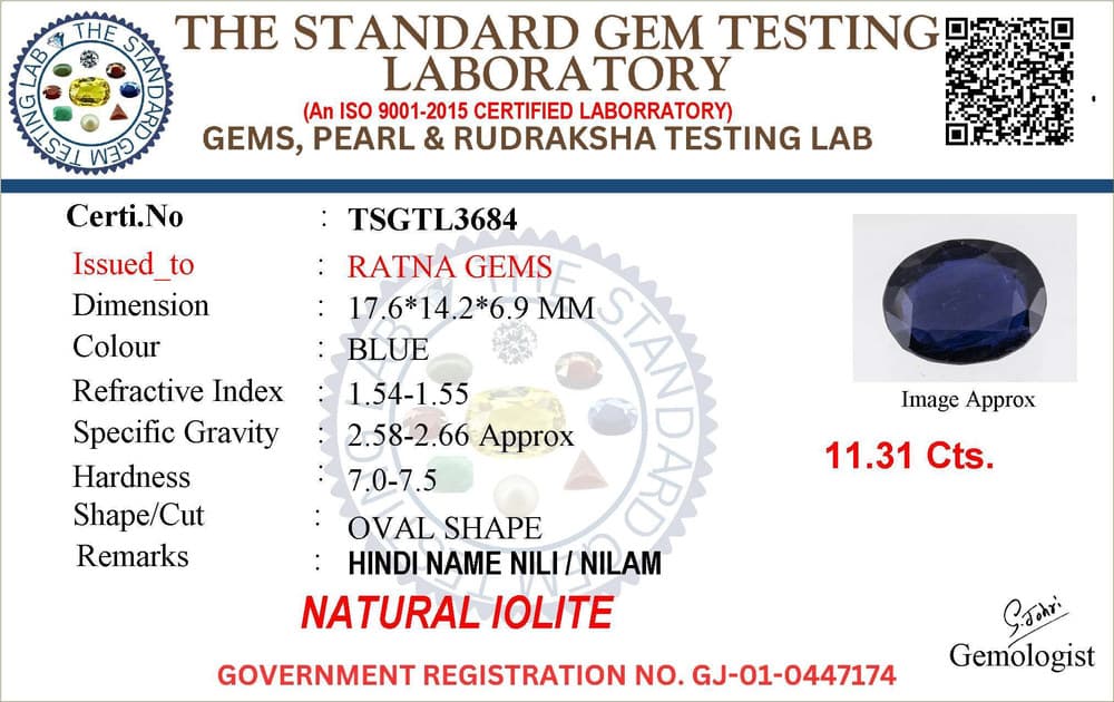 Iolite Stone (Kaka Neeli Stone) 11.31 Carat (12.43 Ratti) Oval Mix Cut - Certified Natural – certificate