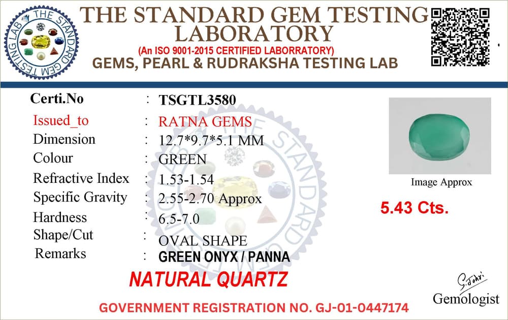 Onyx Stone (Onex Ratna) 5.43 Carat (5.97 Ratti) Oval Cut – certificate
