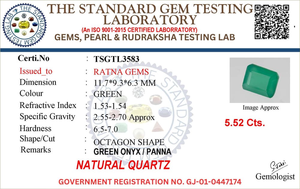Onyx Stone (Onex Ratna) 5.52 Carat (6.07 Ratti) Octagon Cut – certificate