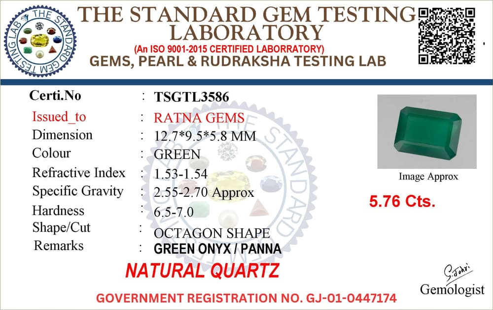 Onyx Stone (Onex Ratna) 5.76 Carat (6.33 Ratti) Octagon Cut – certificate