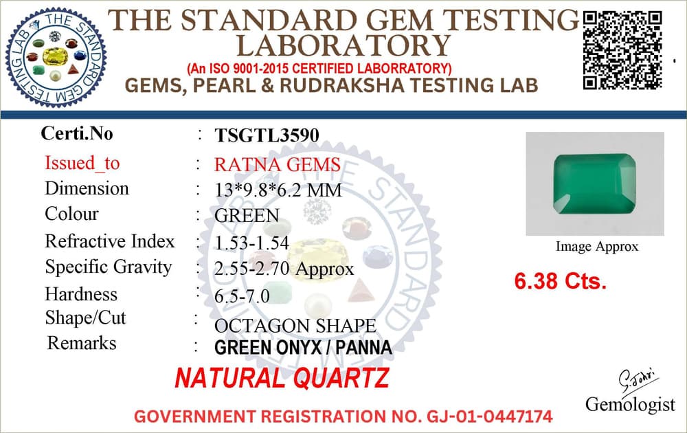 Onyx Stone (Onex Ratna) 6.38 Carat (7.01 Ratti) Octagon Cut – certificate