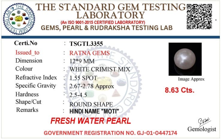 Cultured Pearl Stone (Moti Ratna) 8.63 Carat (9.48 Ratti) Round Shape – certificate