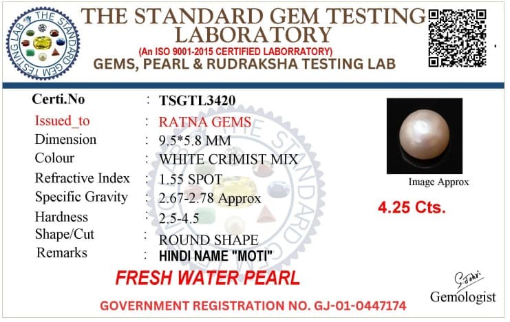 Cultured Pearl Stone (Moti Ratna) 4.25 Carat (4.67 Ratti) Round Shape – certificate