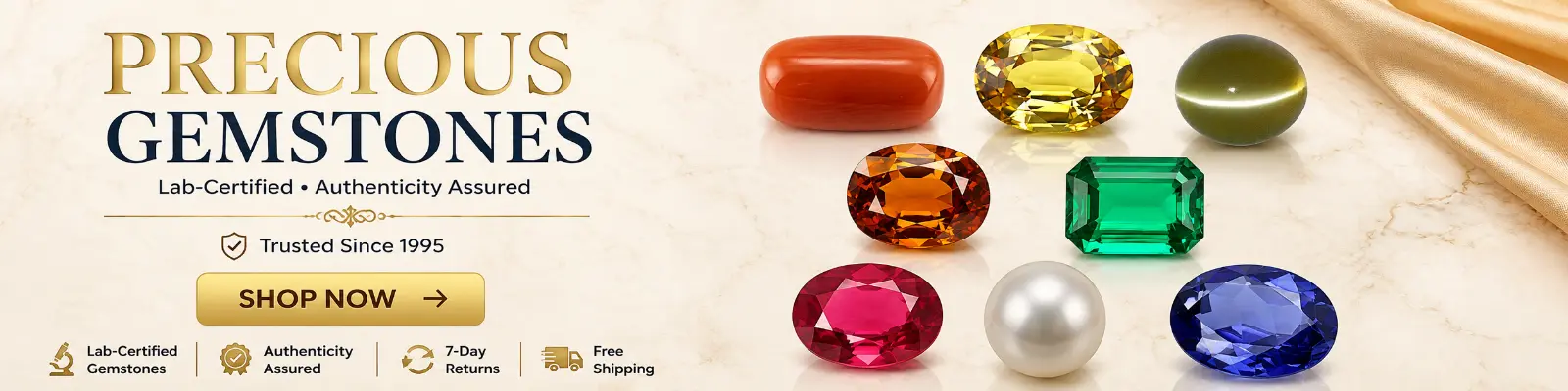 Natural precious gemstones including Sapphire, Ruby, and Emerald