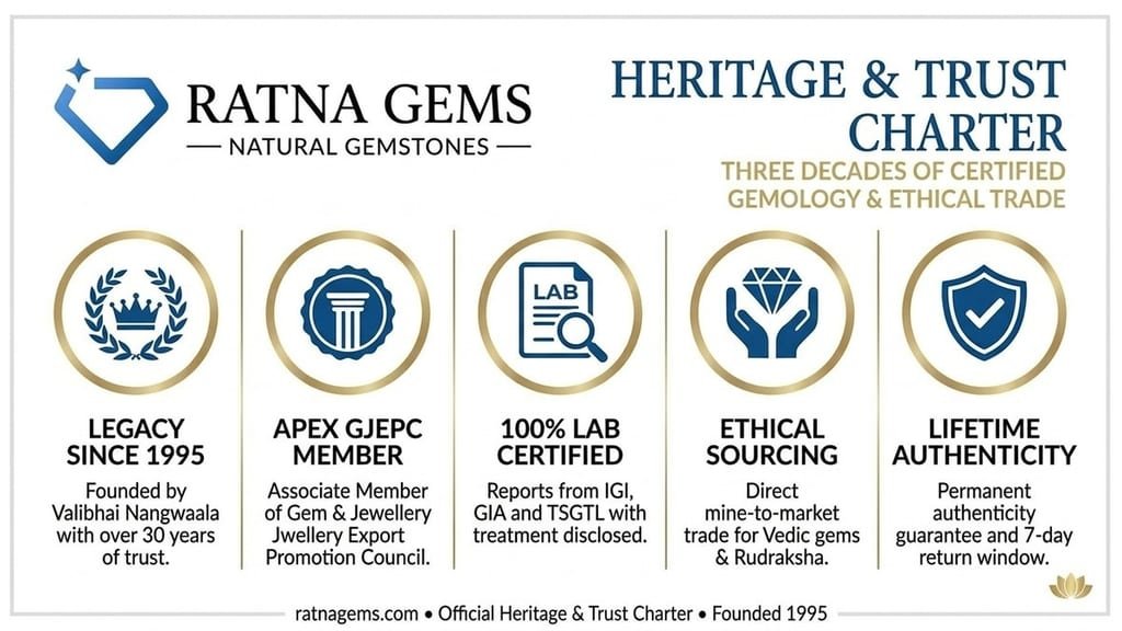 Ratna Gems Heritage & Trust Charter — Legacy Since 1997, GJEPC Associate Member, 100% Lab Tested & Certified Gemstones, and Ethical Direct Sourcing