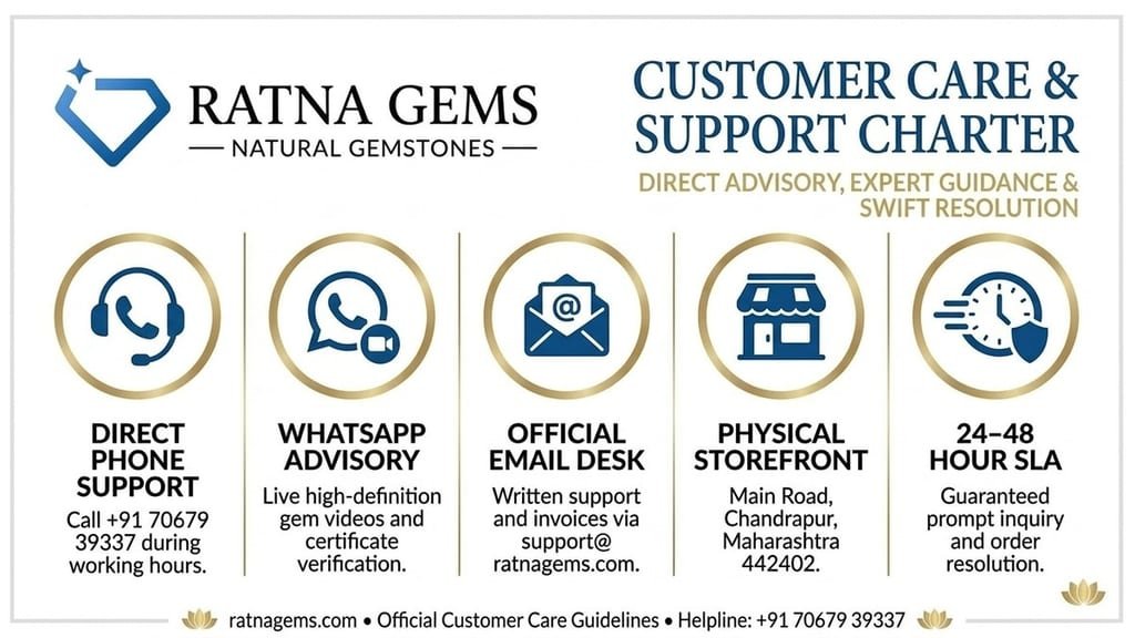 Ratna Gems Customer Care & Support Charter — Direct Phone Support, WhatsApp Advisory, Official Email Desk, Physical Storefront, and 24–48h SLA