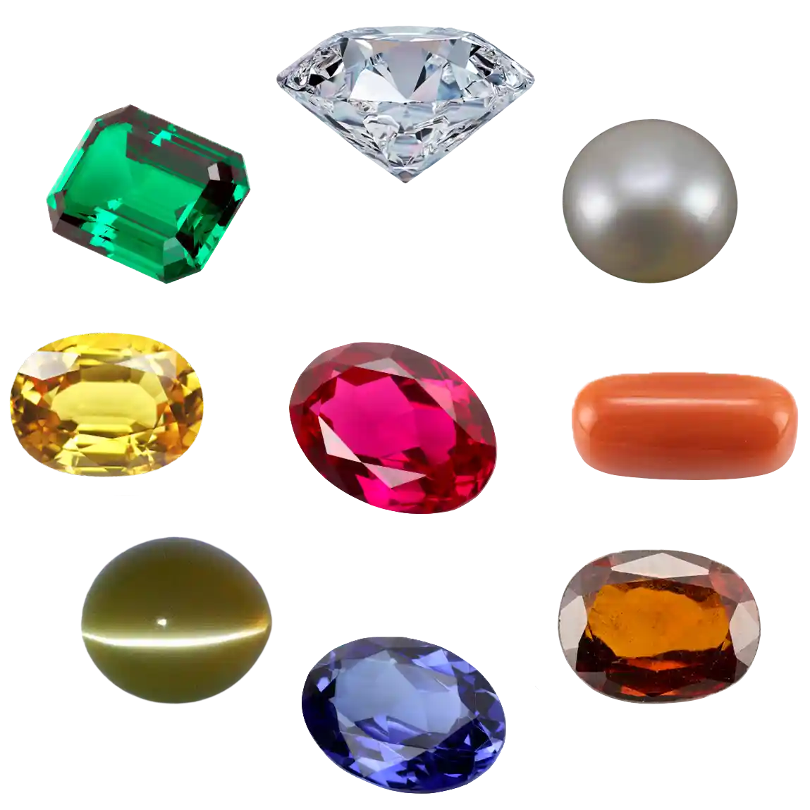 A complete, certified set of nine Navaratna gemstones arranged in a circle.