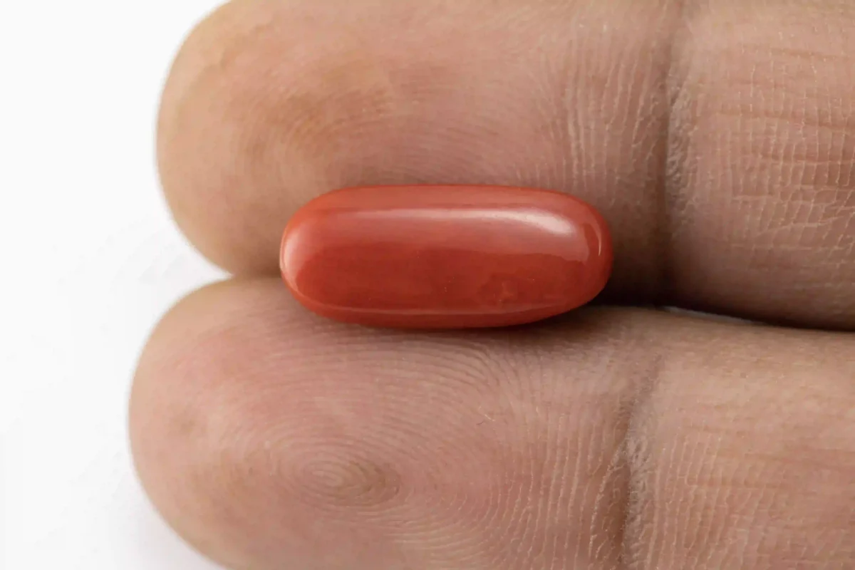 Original Red Coral Stone - 7.31 Ratti Moonga Stone showcasing vibrant red color and capsule-oval mix cut
