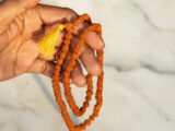 108 Rudraksha Mala hanging from hand with golden tassel for japa meditation