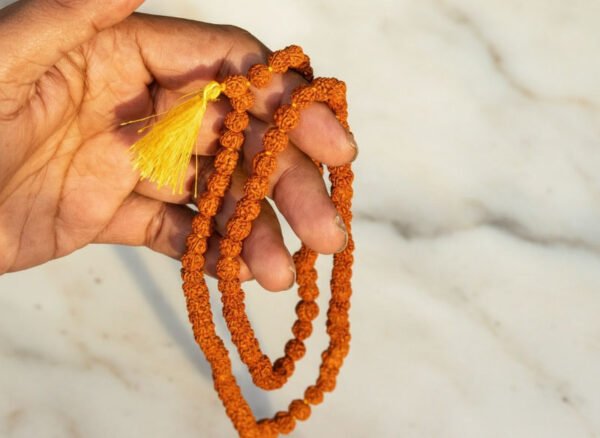 108 Rudraksha Mala hanging from hand with golden tassel for japa meditation