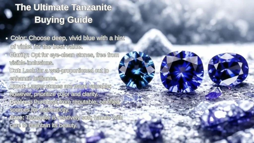The Ultimate Guide to Buying Tanzanite Color Matters Opt for deep, vivid blue with a hint of violet for the best value. Clarity is Key Choose stones that are eye-clean, free from visible inclusion