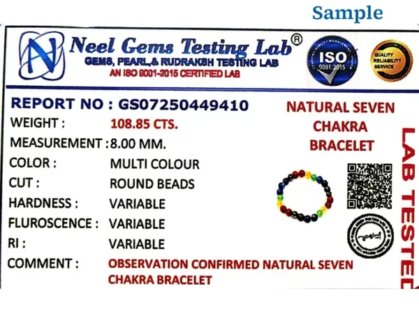 ISO certified gemstone testing lab certificate for natural seven chakra bracelet