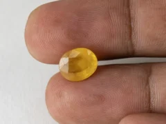 Holding a certified 4.69 ratti yellow sapphire from Ratna Gems