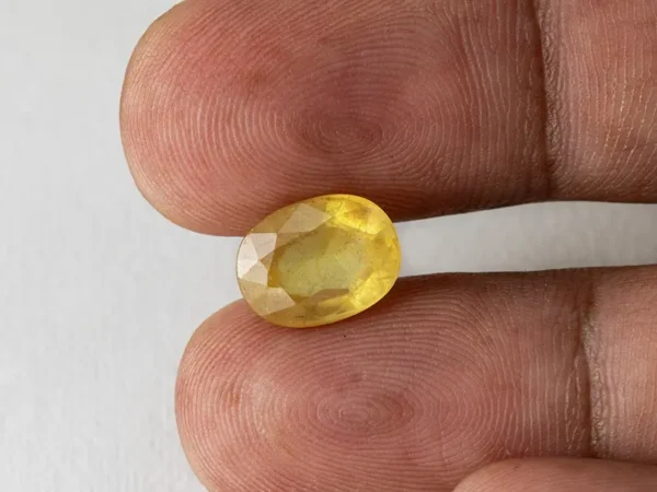 Holding a certified 5.36 ratti yellow sapphire from Ratna Gems