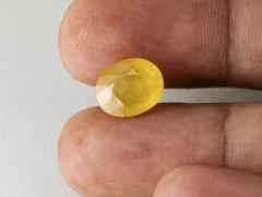 Holding a certified 7.68 ratti yellow sapphire from Ratna Gems