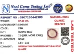 ISO certified gemstone testing lab certificate for rose quartz bracelet