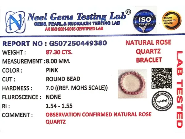 ISO certified gemstone testing lab certificate for rose quartz bracelet