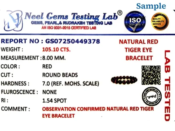 ISO certified gemstone testing lab certificate for red tiger eye bracelet