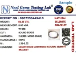 ISO certified gemstone testing lab certificate for selenite bracelet