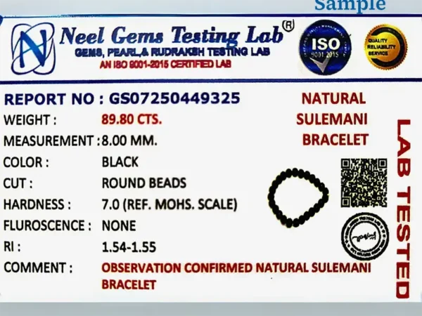 ISO certified gemstone testing lab certificate for sulemani hakik bracelet